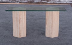 Vintage Italian Hexagonal Travertine & Glass 60" x 16" Console Table or Pedestal