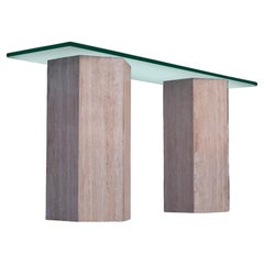 Vintage Italian Hexagonal Travertine & Glass 60" x 16" Console Table or Pedestal