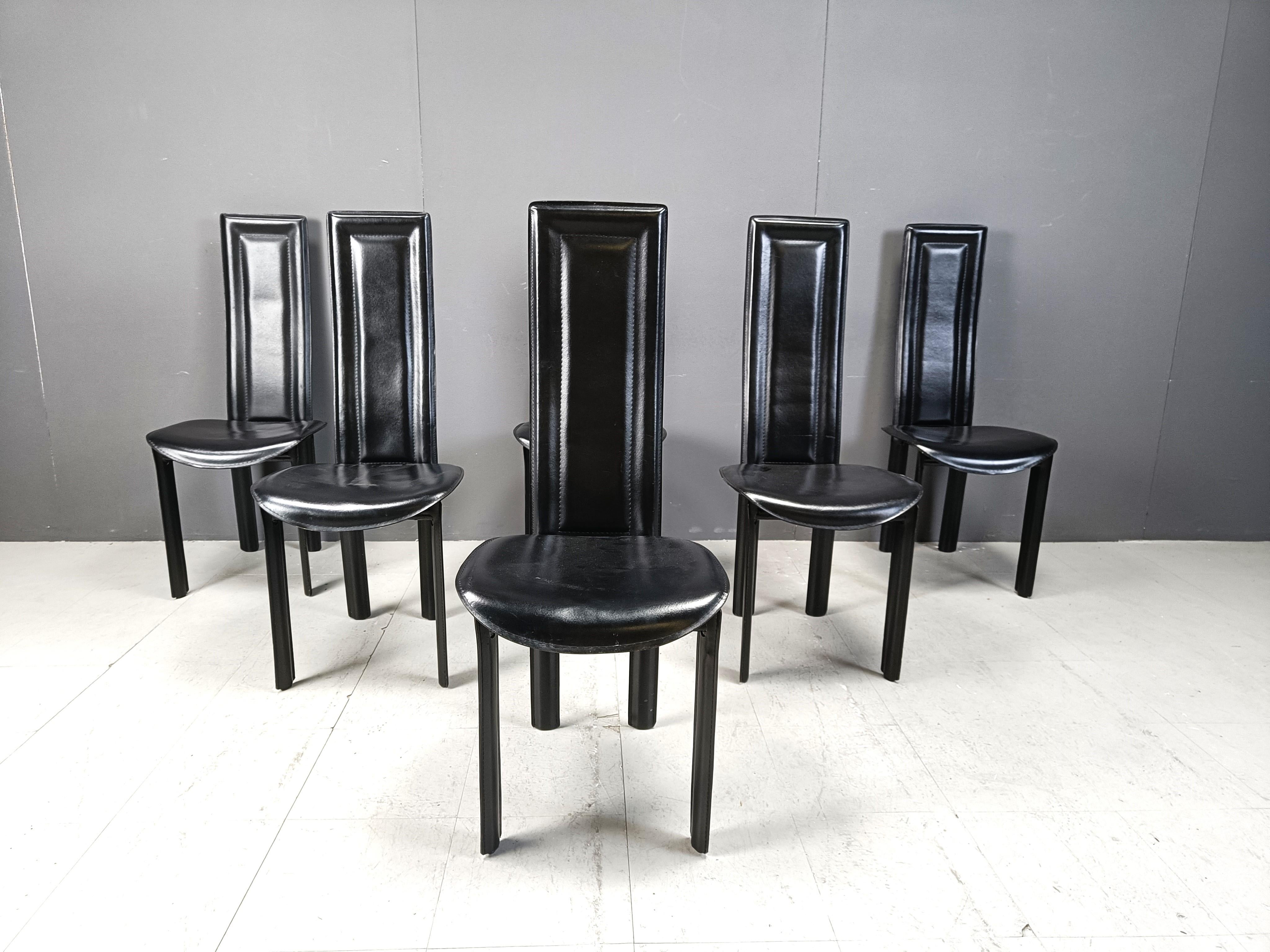 Post-Modern Vintage italian high back black leather dining chairs, 1980s For Sale
