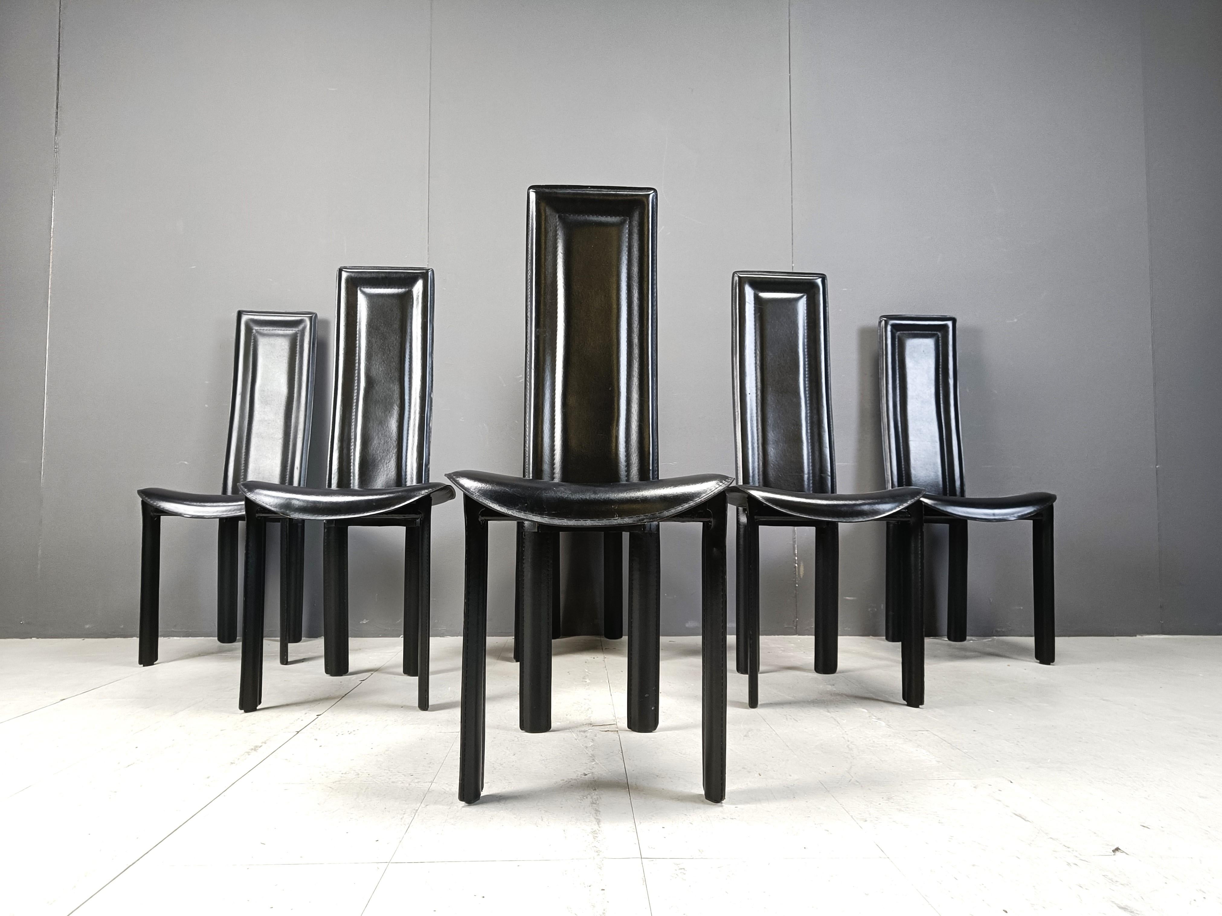 Italian Vintage italian high back black leather dining chairs, 1980s For Sale