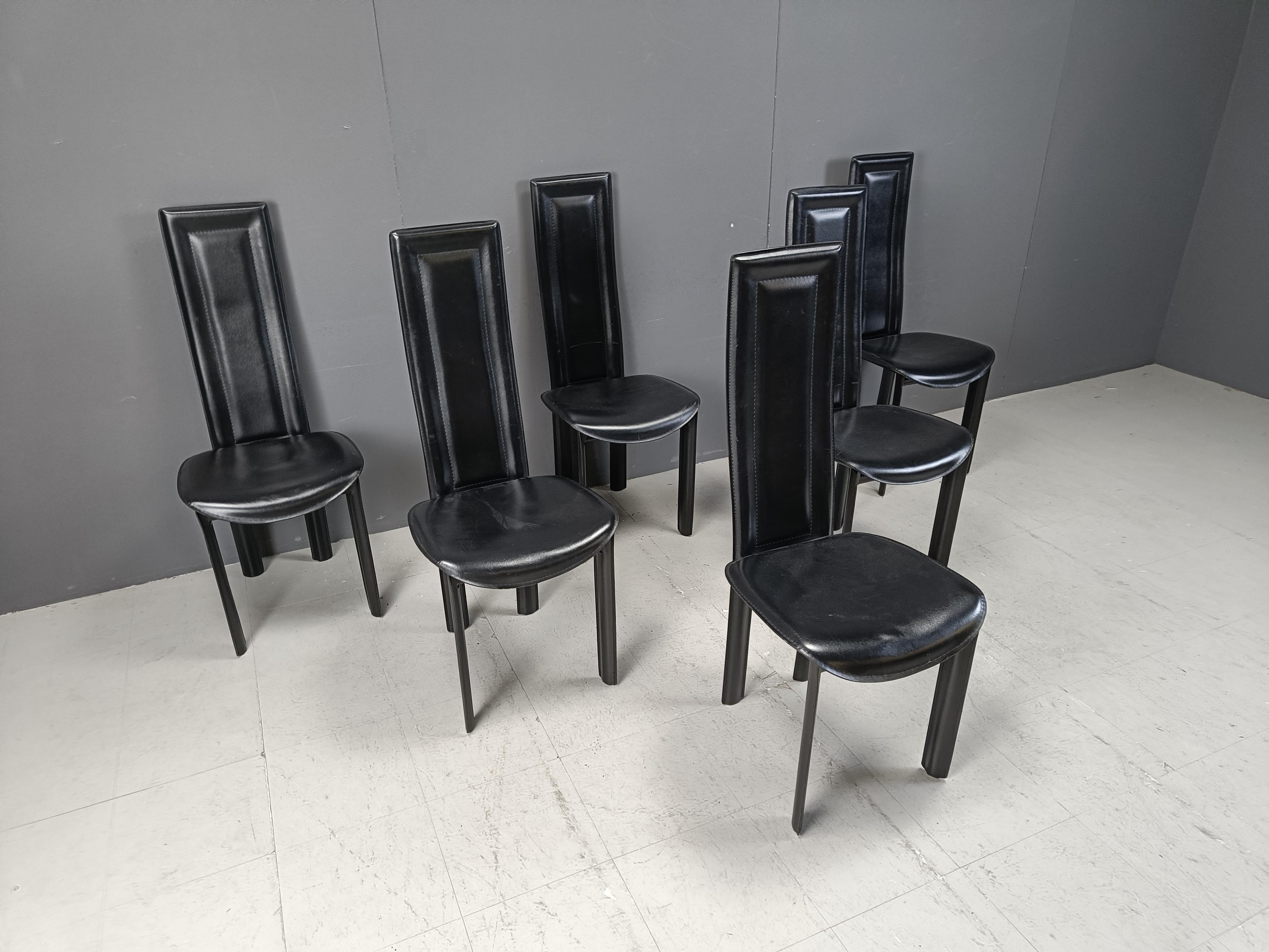 Late 20th Century Vintage italian high back black leather dining chairs, 1980s For Sale