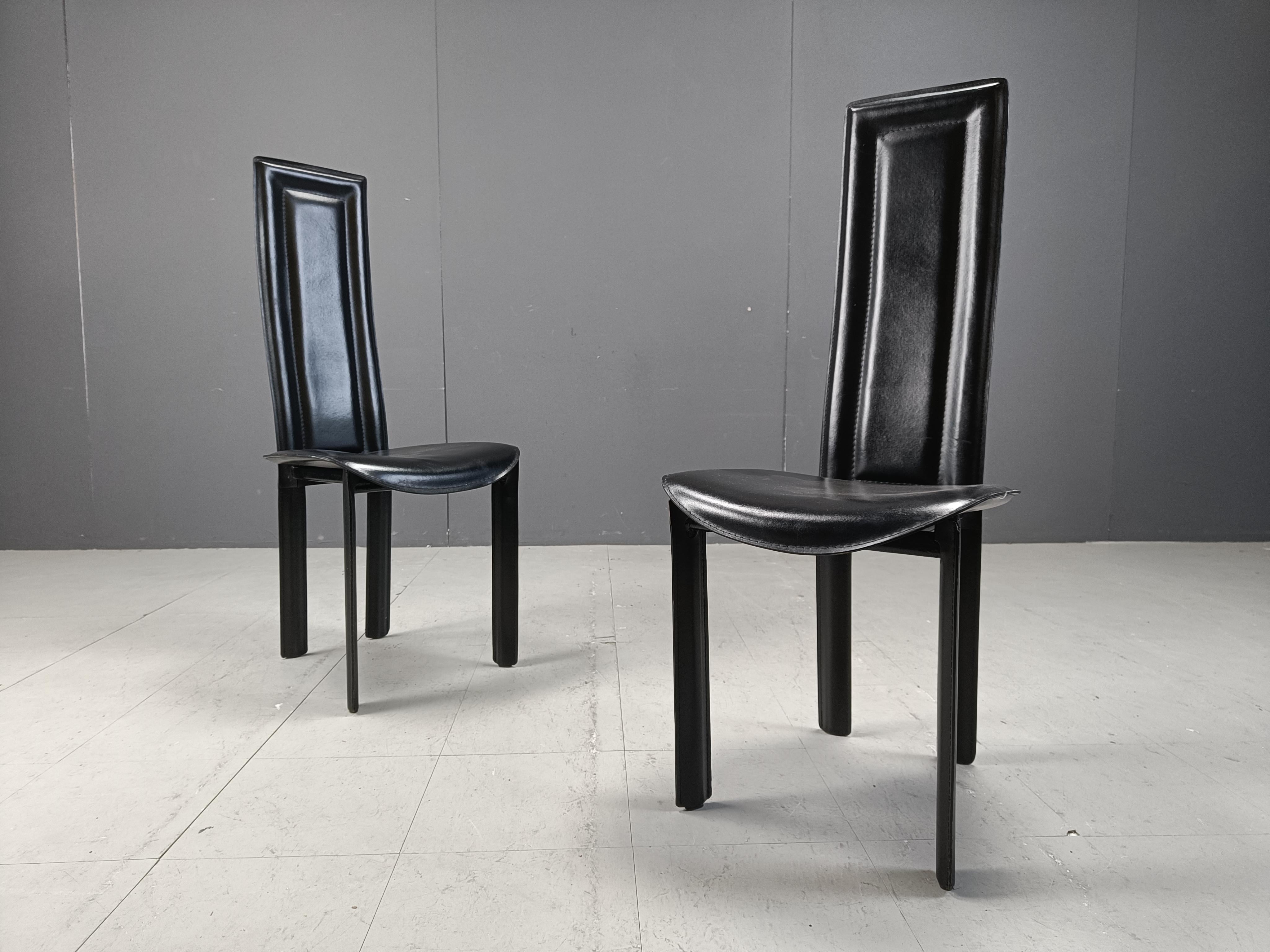Leather Vintage italian high back black leather dining chairs, 1980s For Sale
