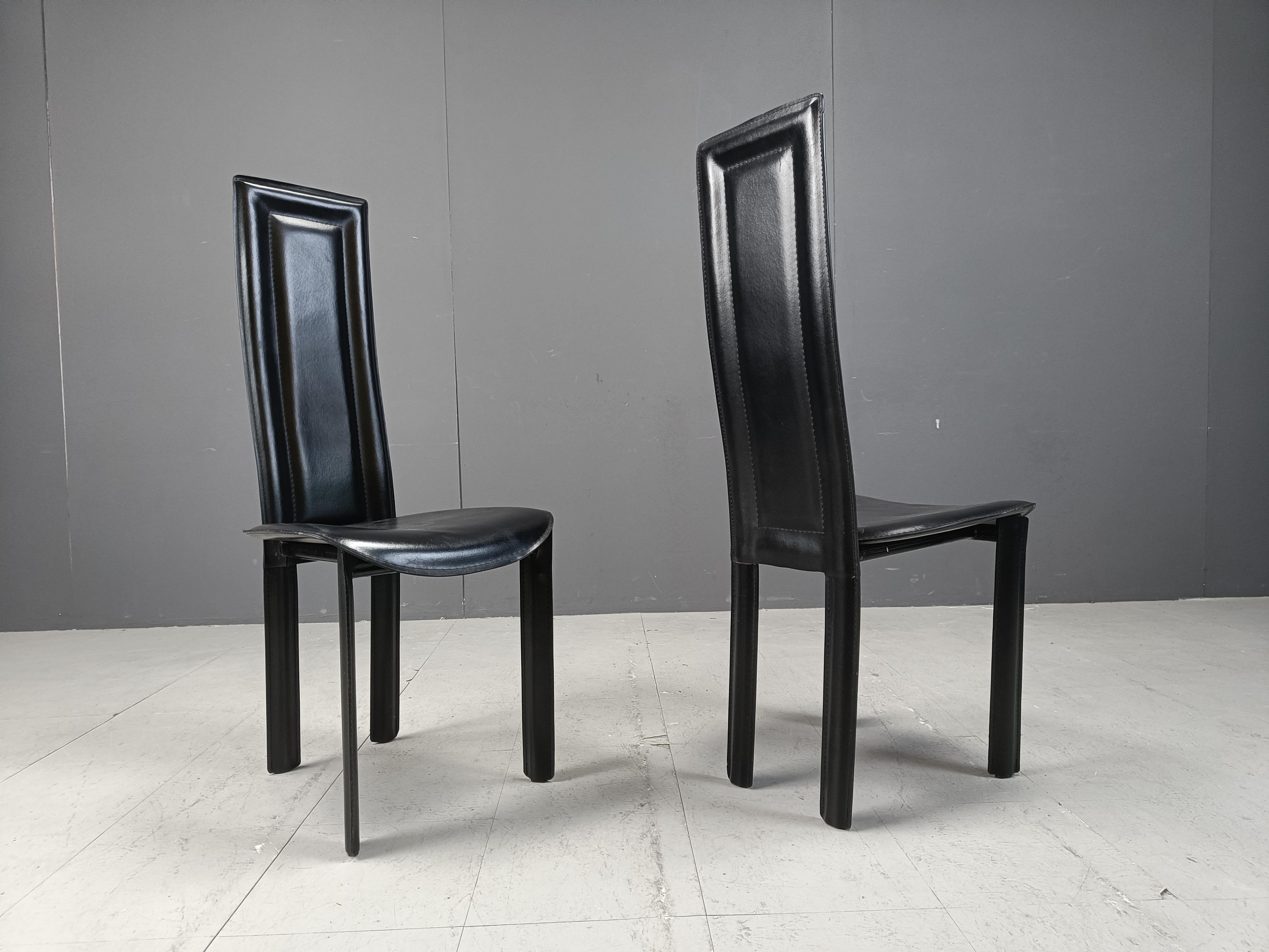 Vintage italian high back black leather dining chairs, 1980s For Sale 2