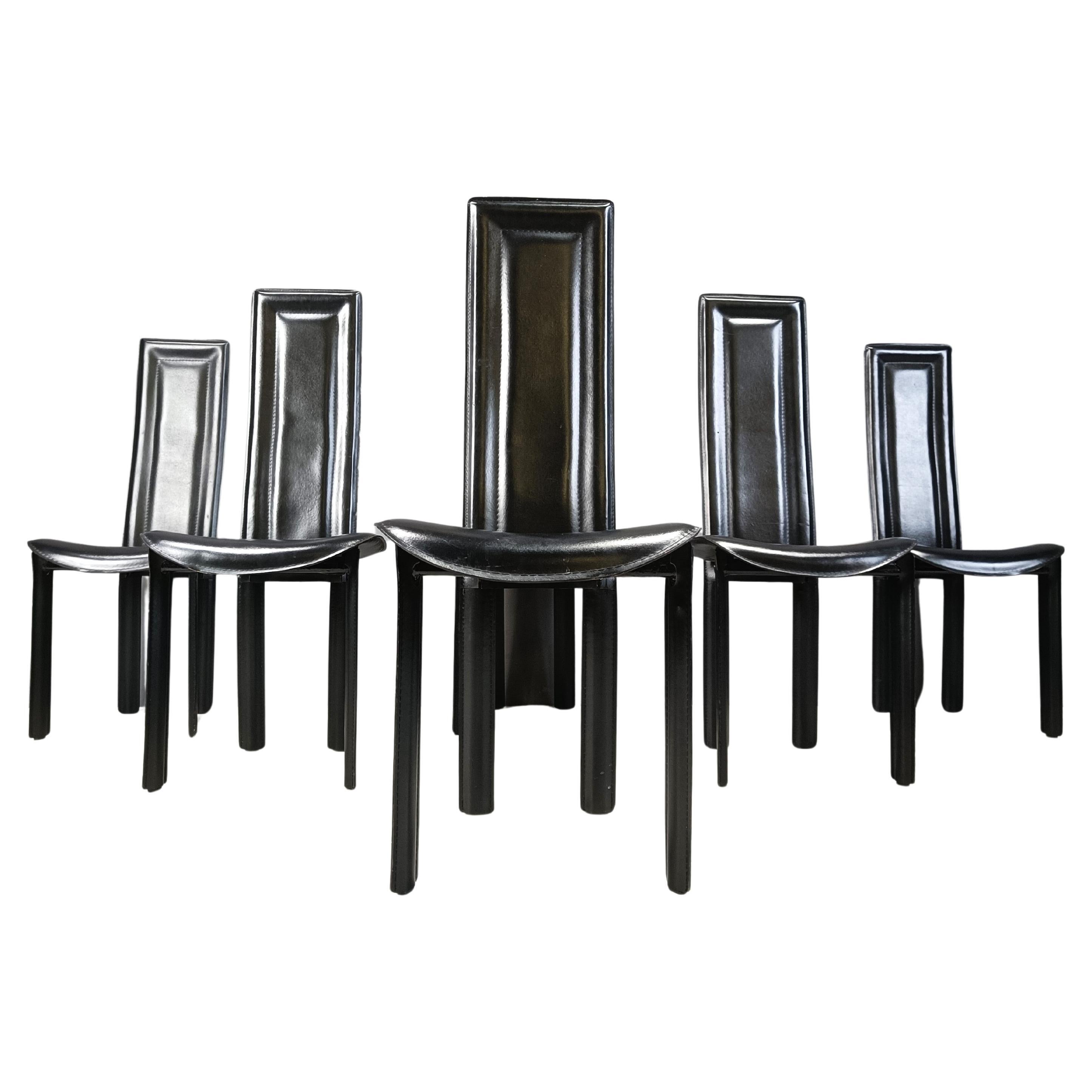 Vintage italian high back black leather dining chairs, 1980s