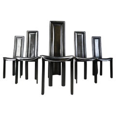 Chaises de salle à manger italiennes vintage à haut dossier en cuir noir, années 1980