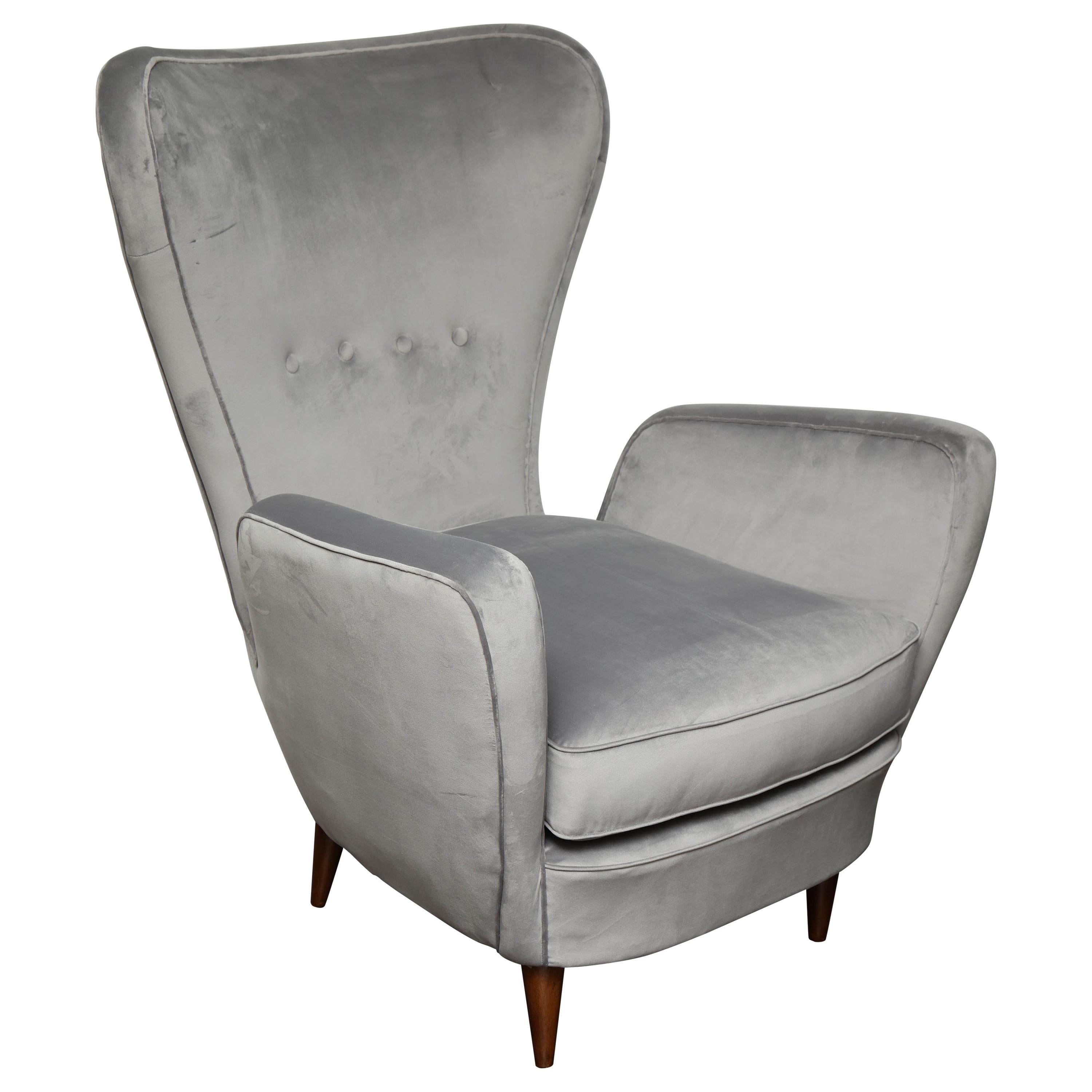 Vintage Italian High Back Chairs in Silver Velvet