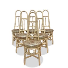 Vintage Italian High Back Rattan Chairs with new Leather Upholstery ~ set of 6