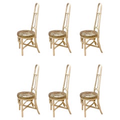 Vintage Italian High Back Rattan Chairs with new Leather Upholstery ~ set of 6