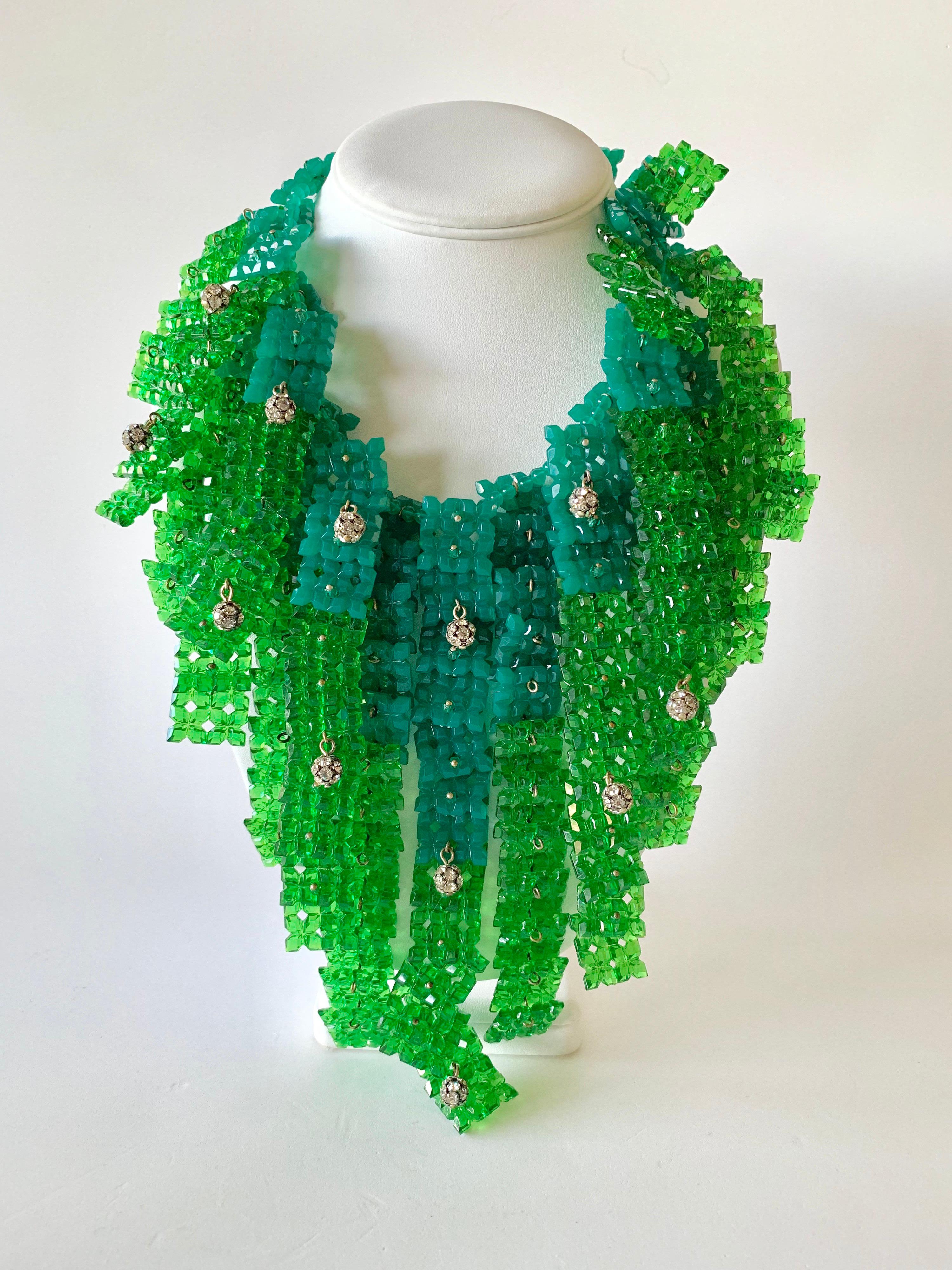 Bold Italian high fashion ombre green statement bib necklace made by Ornella Bijoux in Milan - the dramatic architectural bib necklace is comprised of women cascading strands of geometric textured acrylic segments creating an ombre effect. The