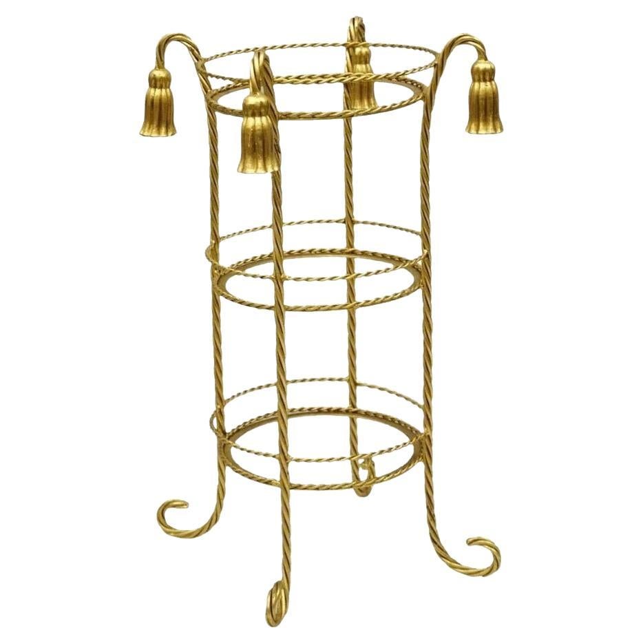 Vintage Italian Hollywood Regency 3 Tier Gold Iron Rope Tassel Stand Side Table