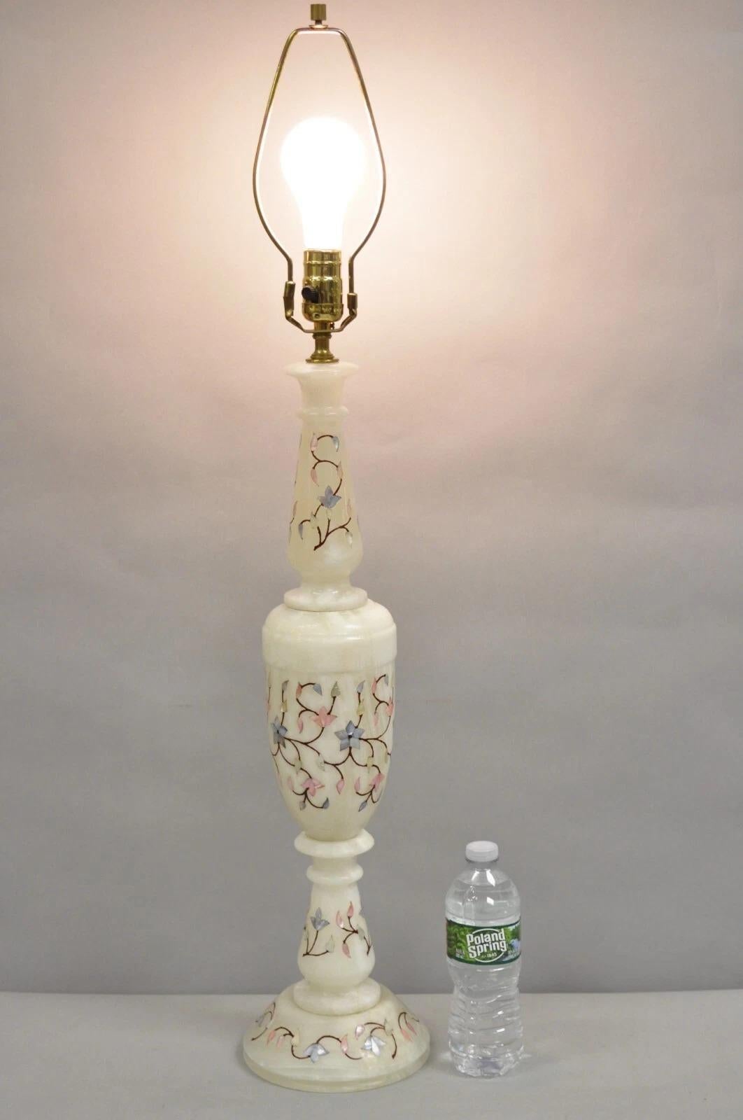 Vintage Italian Hollywood Regency Alabaster Table Lamp w/ Stone Floral Inlay im Angebot 5