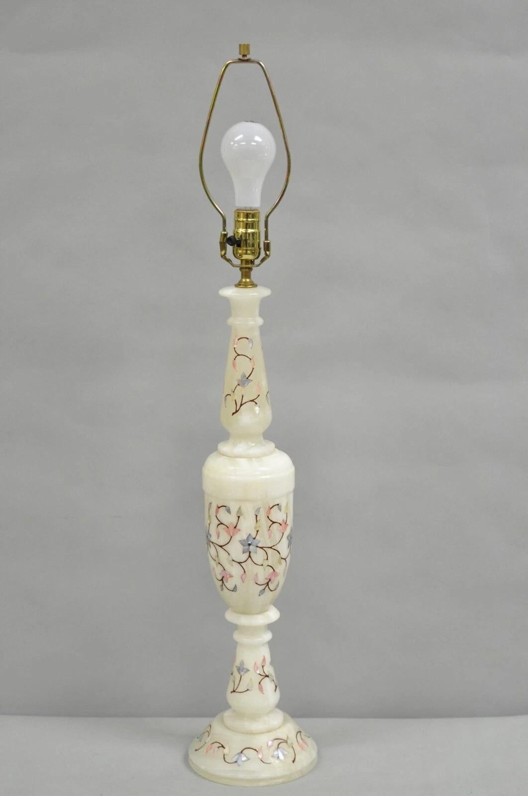 Vintage Italian Hollywood Regency Alabaster Table Lamp w/ Stone Floral Inlay im Angebot 6