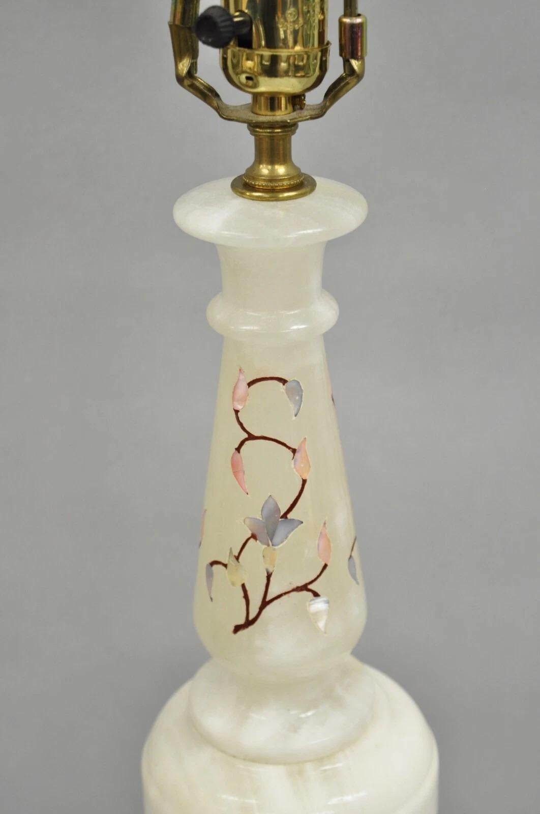 Vintage Italian Hollywood Regency Carved Alabaster Table Lamp w/ Colorful Stone Floral Inlay. Circa Mid 20th Century. Measurements: 36