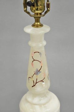 Vintage Italian Hollywood Regency Alabaster Table Lamp w/ Stone Floral Inlay