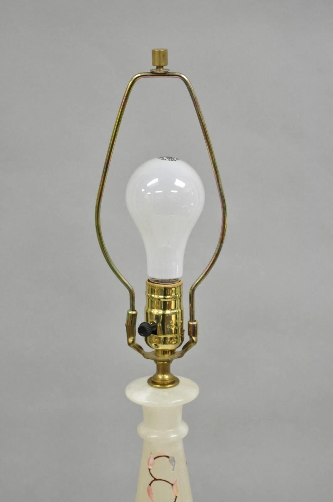 Vintage Italian Hollywood Regency Alabaster Table Lamp w/ Stone Floral Inlay im Angebot 1