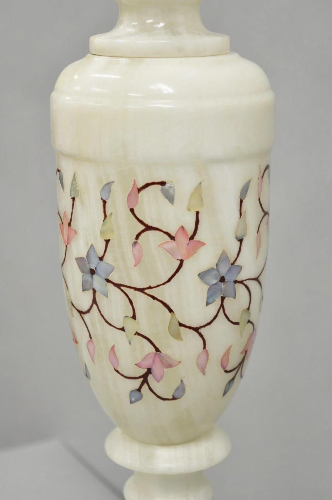 Vintage Italian Hollywood Regency Alabaster Table Lamp w/ Stone Floral Inlay im Angebot 2
