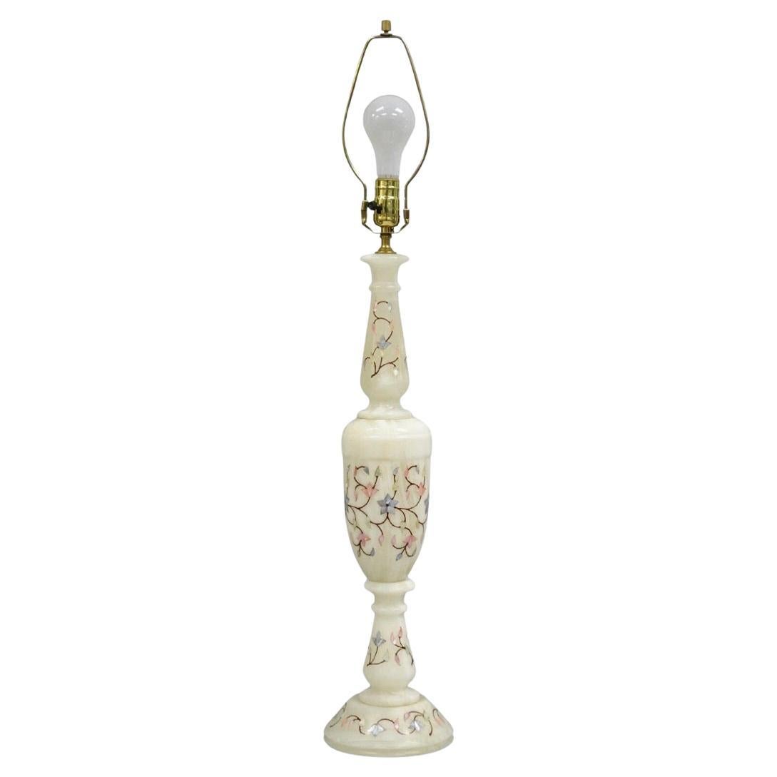Vintage Italian Hollywood Regency Alabaster Table Lamp w/ Stone Floral Inlay