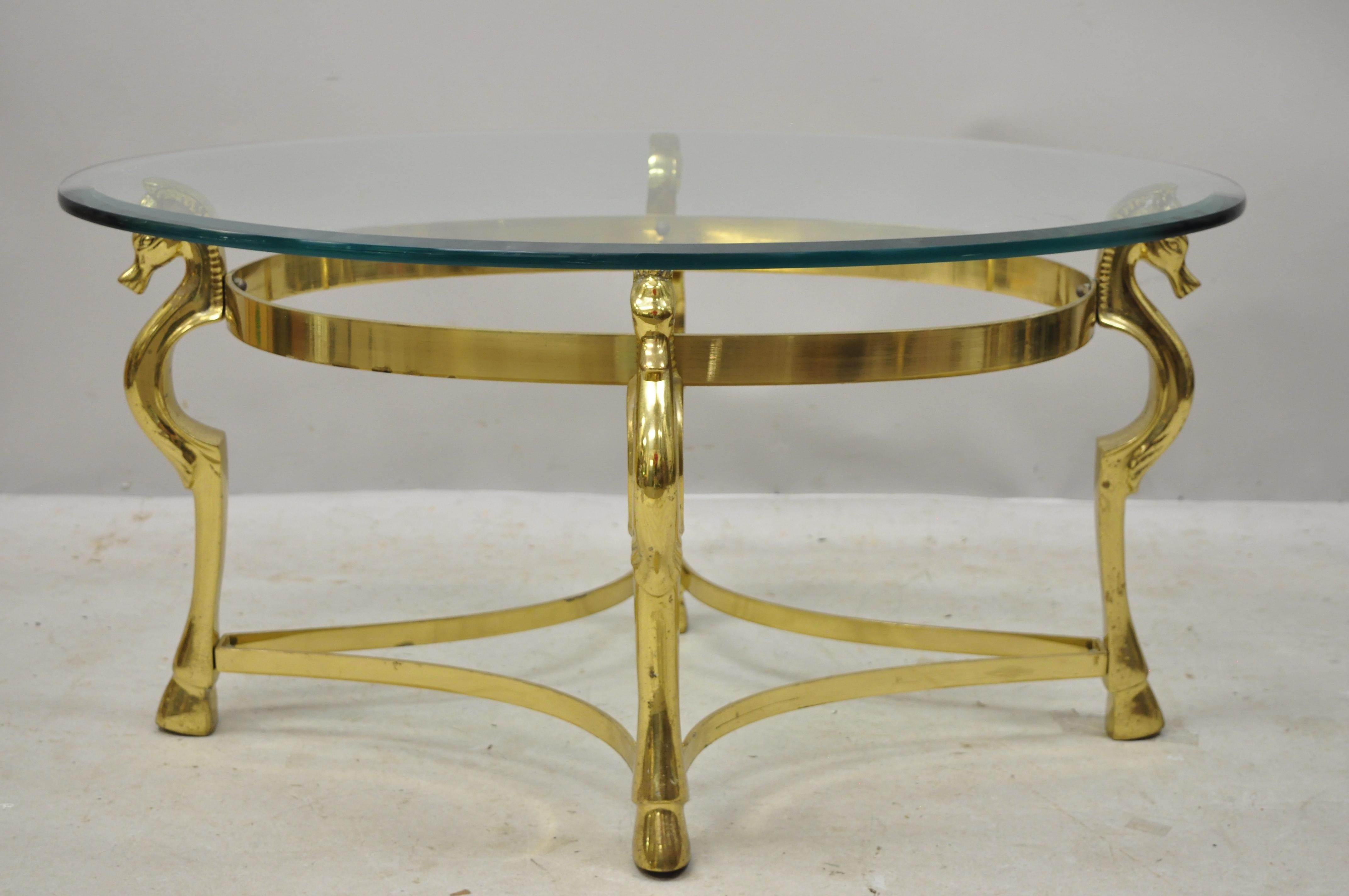 Vintage Italian Hollywood Regency Brass Seahorse Small Oval Glass Coffee Table 5