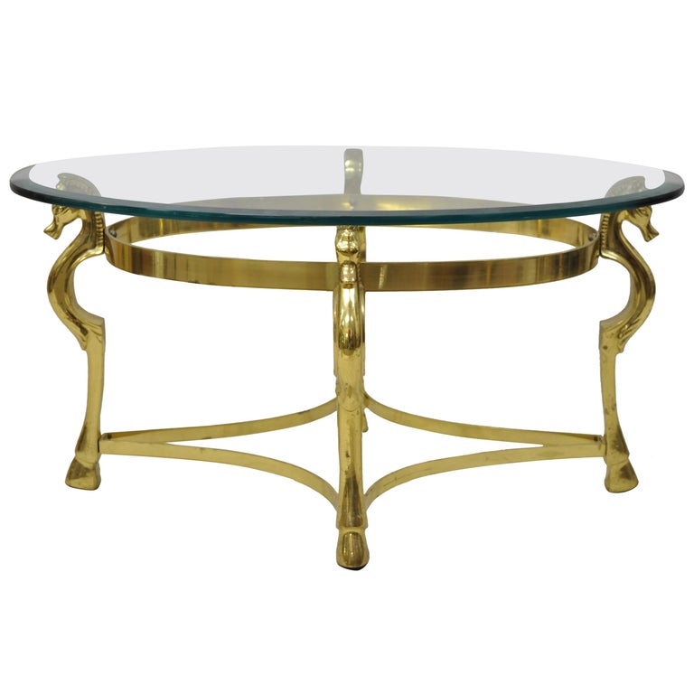 Vintage Italian Hollywood Regency Brass Seahorse Small Oval Glass Coffee Table At 1stdibs