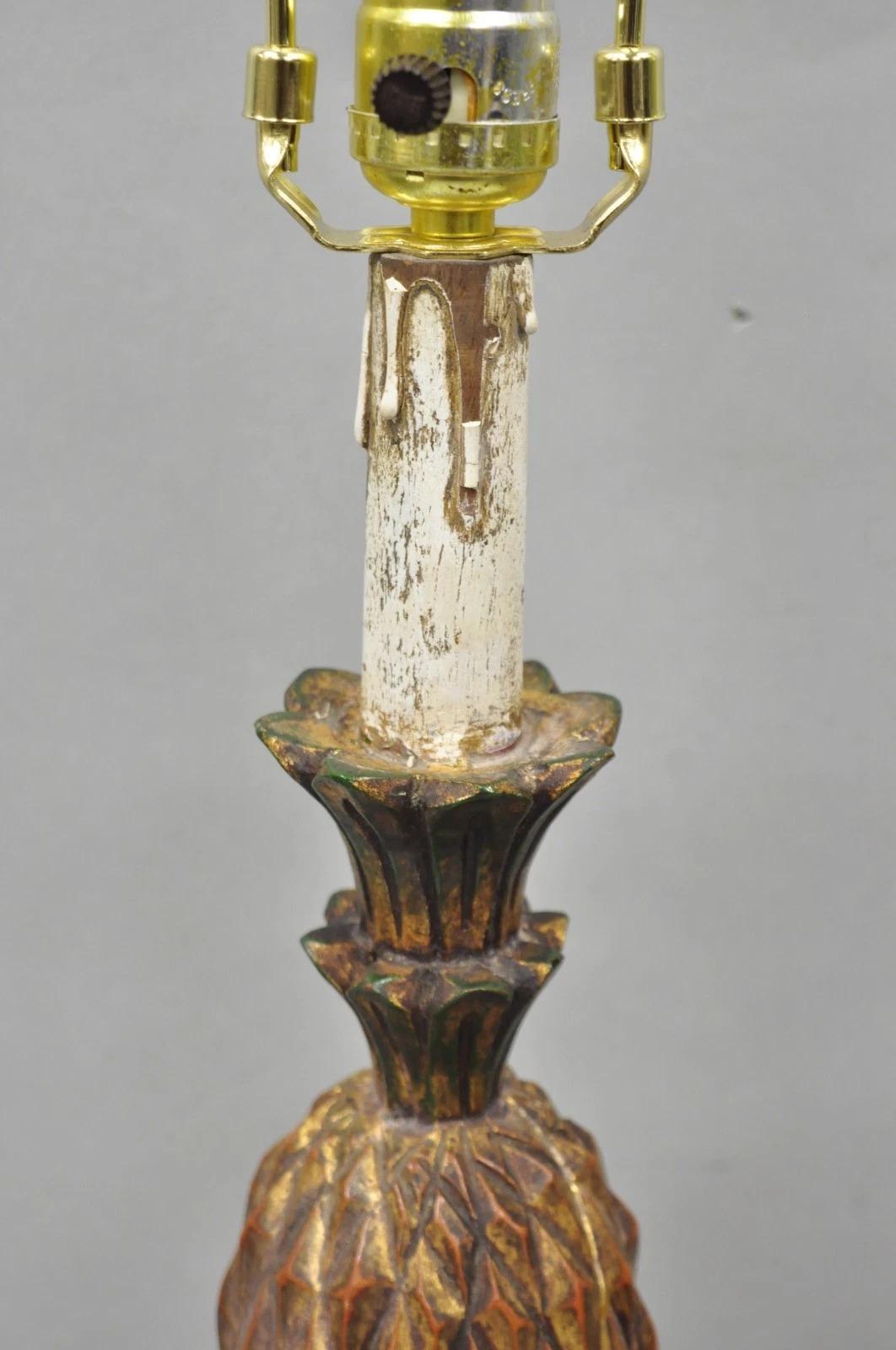 Vintage Italian Hollywood Regency geschnitzt Gold Giltwood Ananas Tischlampe Paar im Angebot 6