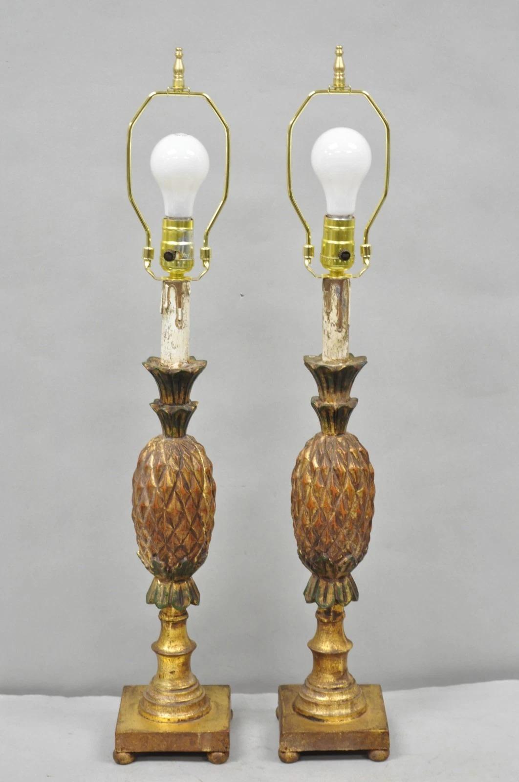 Vintage Italian Hollywood Regency geschnitzt Gold Giltwood Ananas Tischlampe Paar im Angebot 8