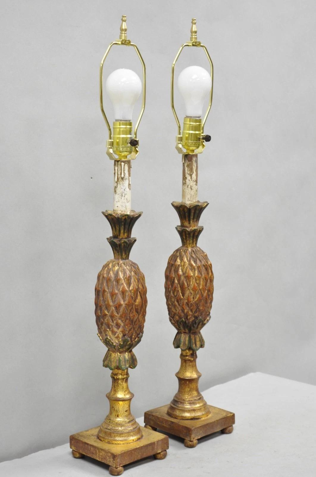 Vintage Italian Hollywood Regency geschnitzt Gold Giltwood Ananas Tischlampe Paar im Angebot 9