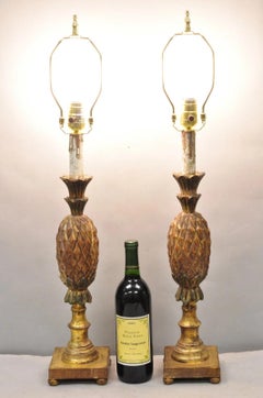 Vintage Italian Hollywood Regency Carved Gold Giltwood Pineapple Table Lamp Pair