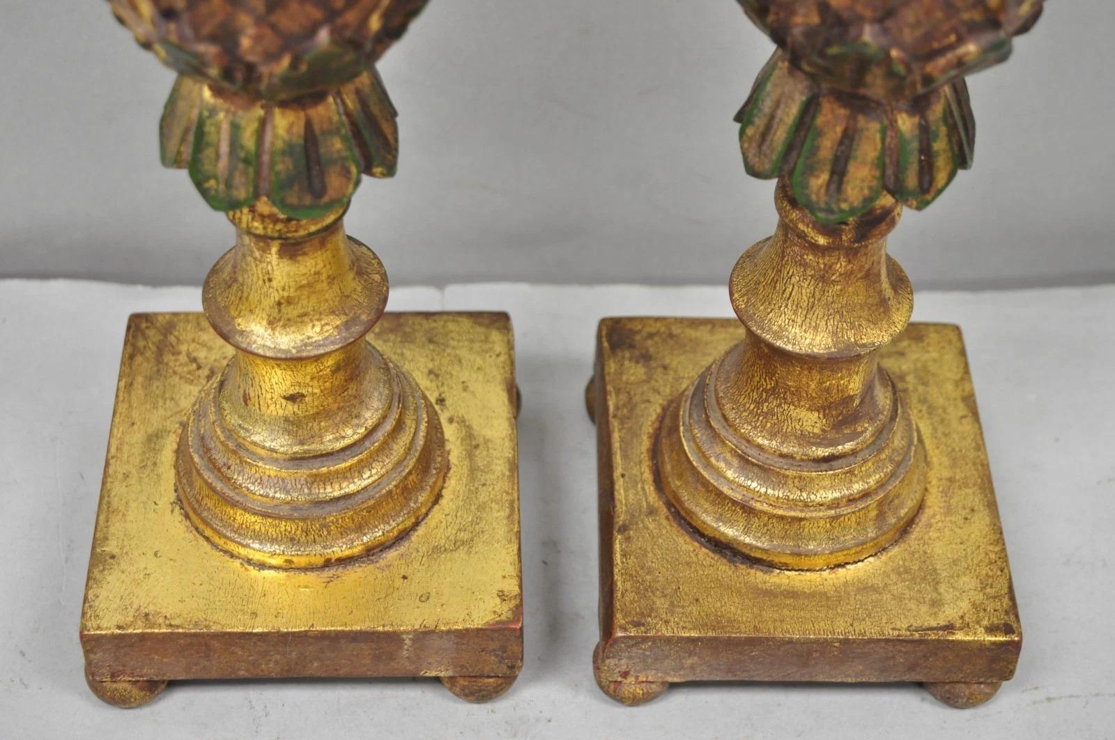 Vintage Italian Hollywood Regency geschnitzt Gold Giltwood Ananas Tischlampe Paar im Angebot 1