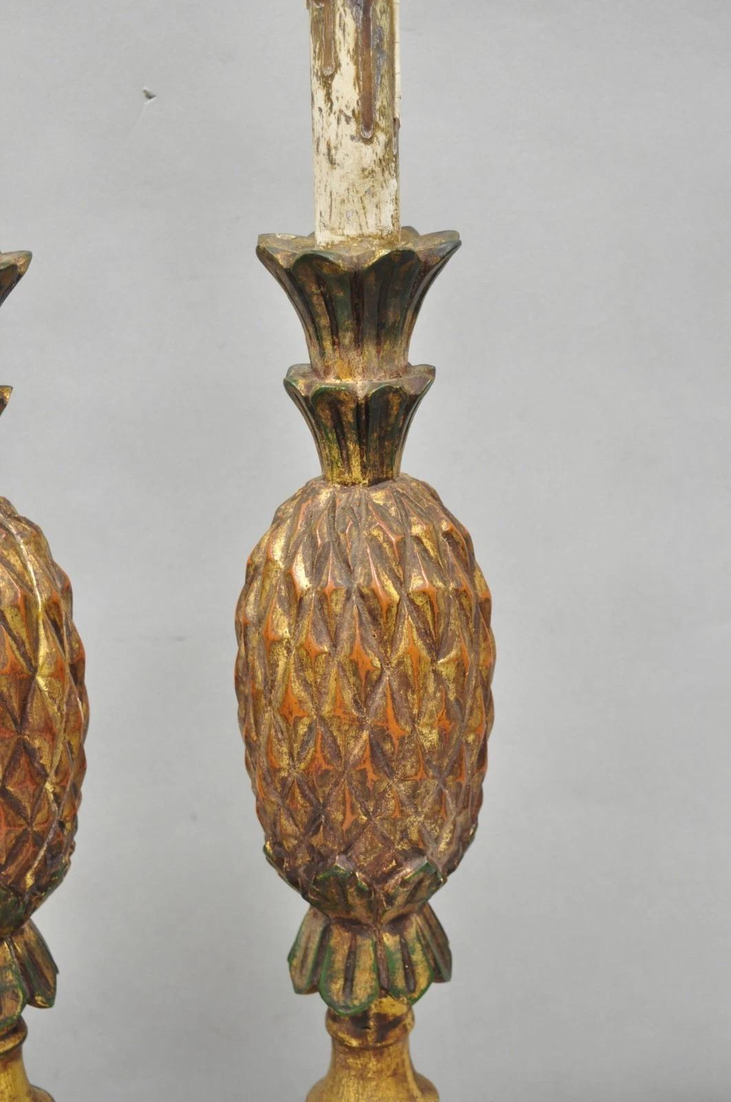 Vintage Italian Hollywood Regency geschnitzt Gold Giltwood Ananas Tischlampe Paar im Angebot 4