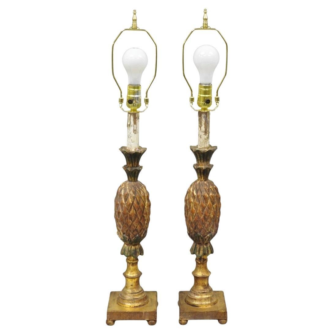 Vintage Italian Hollywood Regency Carved Gold Giltwood Pineapple Table Lamp Pair