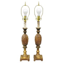 Vintage Italian Hollywood Regency Carved Gold Giltwood Pineapple Table Lamp Pair