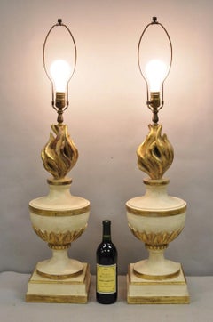 Vintage Italian Hollywood Regency Carved Wood "Burning Flame" Table Lamps - Pair