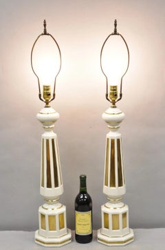 Vintage Italian Hollywood Regency Cream & Gold Porcelain Column Table Lamp, Pair