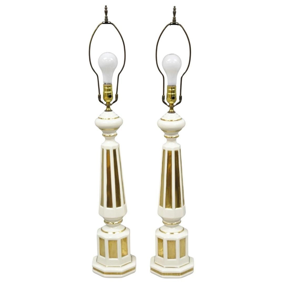 Vintage Italian Hollywood Regency Cream
Gold Porcelain Column Table Lamp, Pair