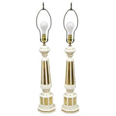 Vintage Italian Hollywood Regency Cream & Gold Porcelain Column Table Lamp, Pair
