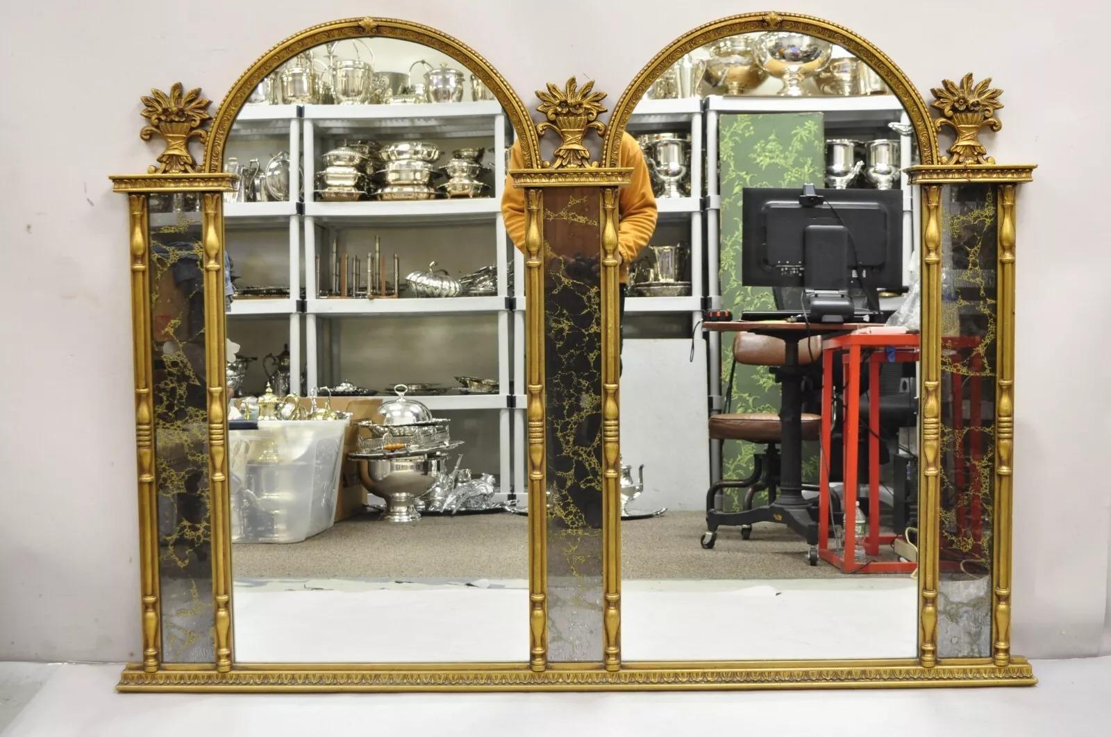 Grand miroir mural Trumeau vintage italien Hollywood Regency à double arc doré en vente 6
