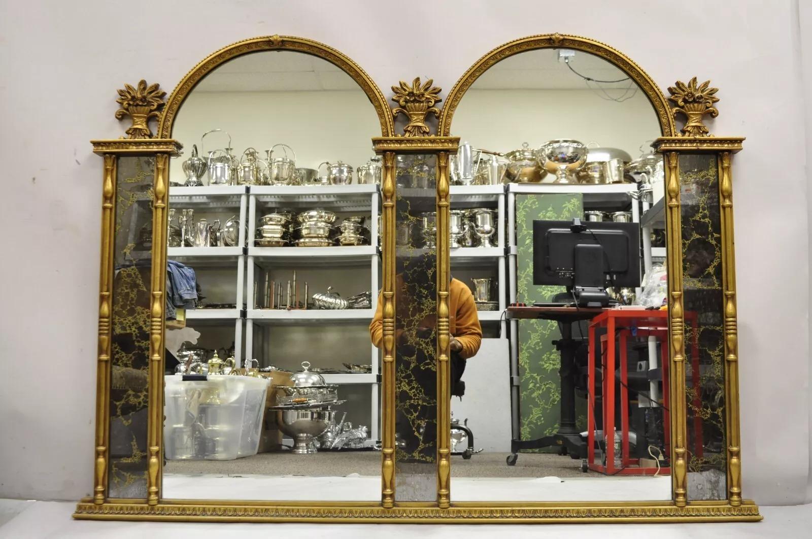 Vintage Italian Hollywood Regency Double Arch Gold Gilt Large Trumeau Wall Mirror. Circa Mid 20th Century. Dimensions : 48