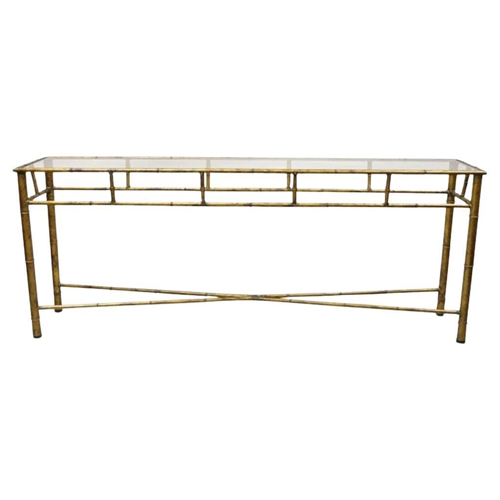 Vintage Italian Hollywood Regency Faux Bamboo Gold Gilt 72" Console Hall Table