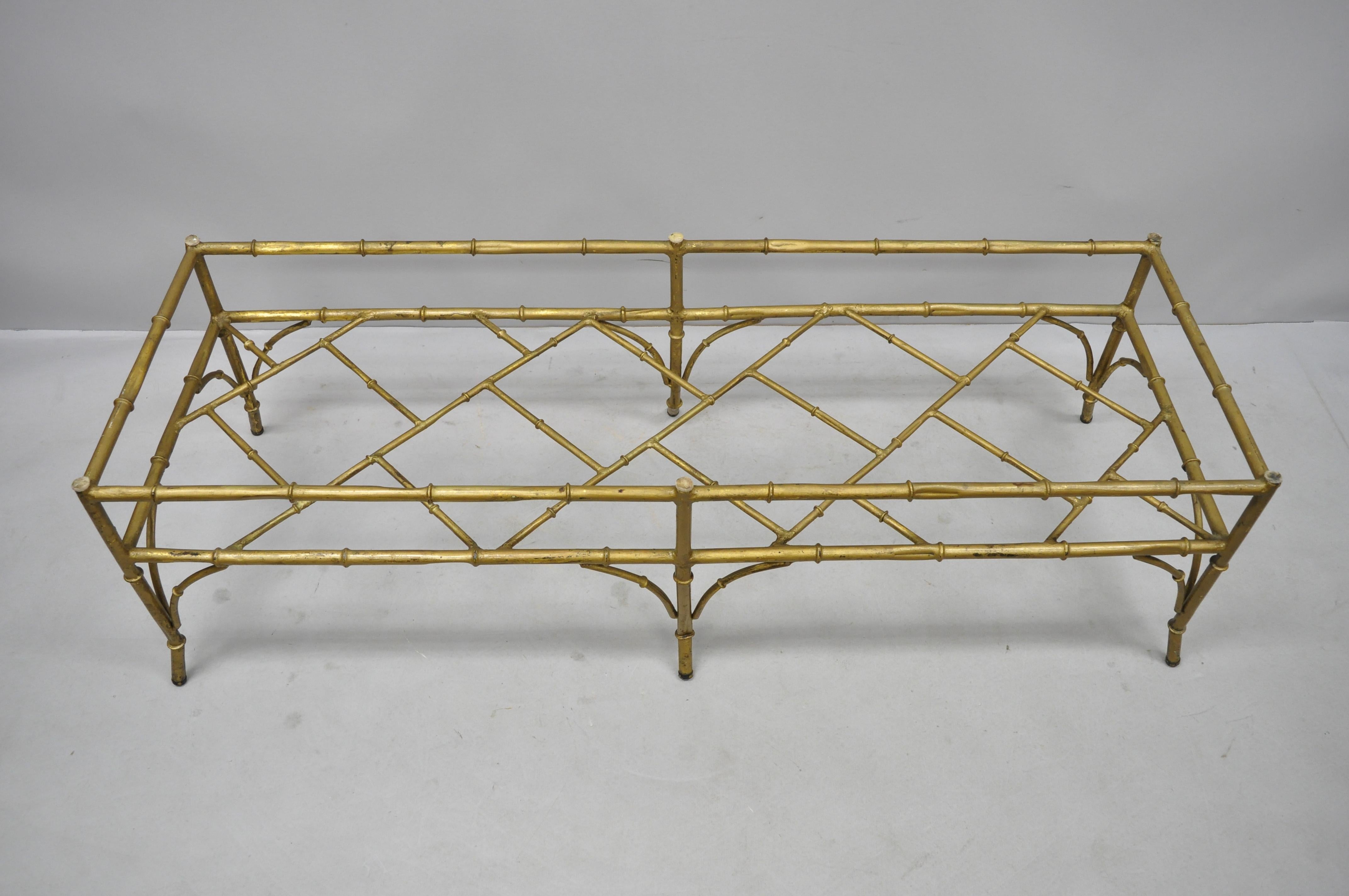 Vintage Italian Hollywood Regency faux bamboo lattice gold coffee table base. Item features faux bamboo lattice design, angled legs, gold painted finish, iron construction, great style and form, great to re-paint and add glass top, circa mid-20th