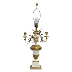 Vintage Italian Hollywood Regency Giltwood White & Gold Candelabra Table Lamp