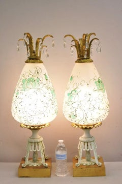 Vintage Italian Hollywood Regency Glass Pineapple Gold Metal Table Lamps - Pair