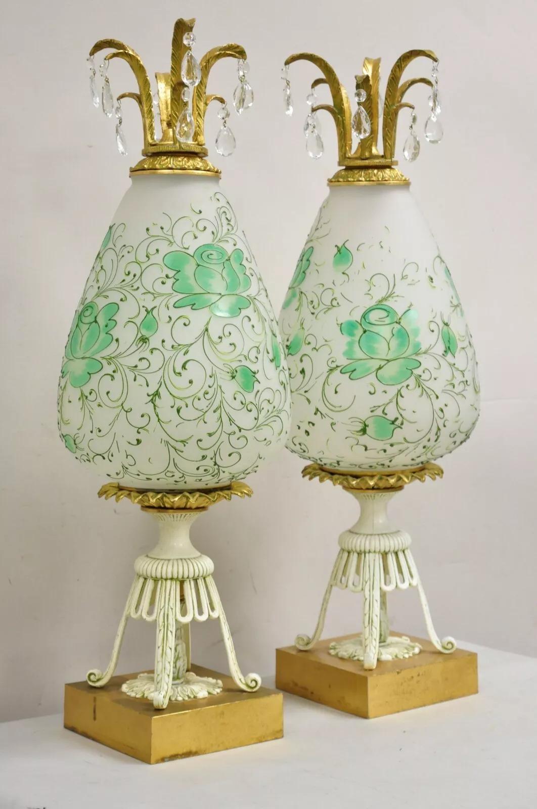 Unknown Vintage Italian Hollywood Regency Glass Pineapple Gold Metal Table Lamps - Pair For Sale