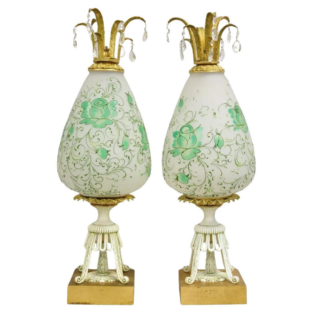 Vintage Italian Hollywood Regency Glass Pineapple Gold Metal Table Lamps - Pair