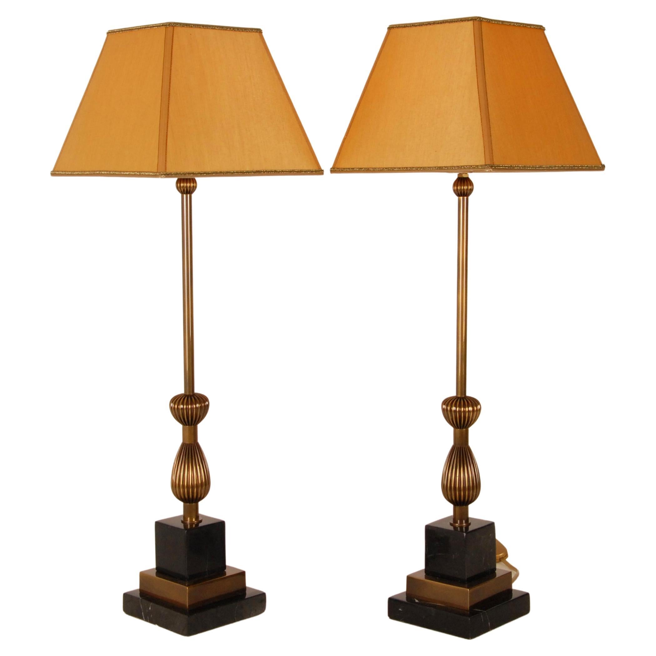 Vintage Italian Art Deco Gold Bronze and Black Marble Table Lamps, a Pair