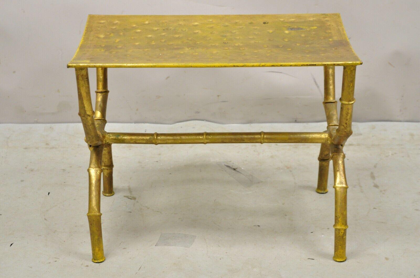 Vintage Italian Hollywood Regency Gold Faux Bamboo Gilt Iron Vanity Bench Stool. Circa Mid 20th Century. Measurements: 16