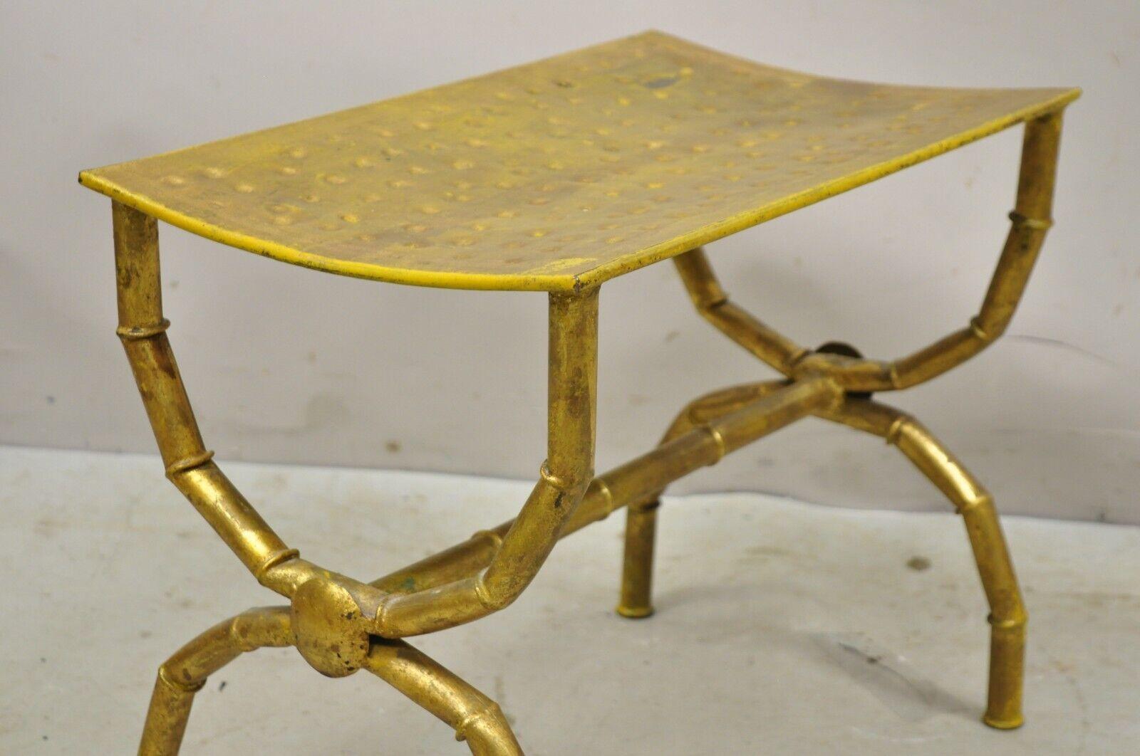 Vintage Italian Hollywood Regency Gold Faux Bamboo Gilt Iron Vanity Bench Stool In Good Condition In Philadelphia, PA