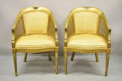 Vintage Italian Hollywood Regency Gold Gilt Barrel Back Cane Lounge Chairs, Pair