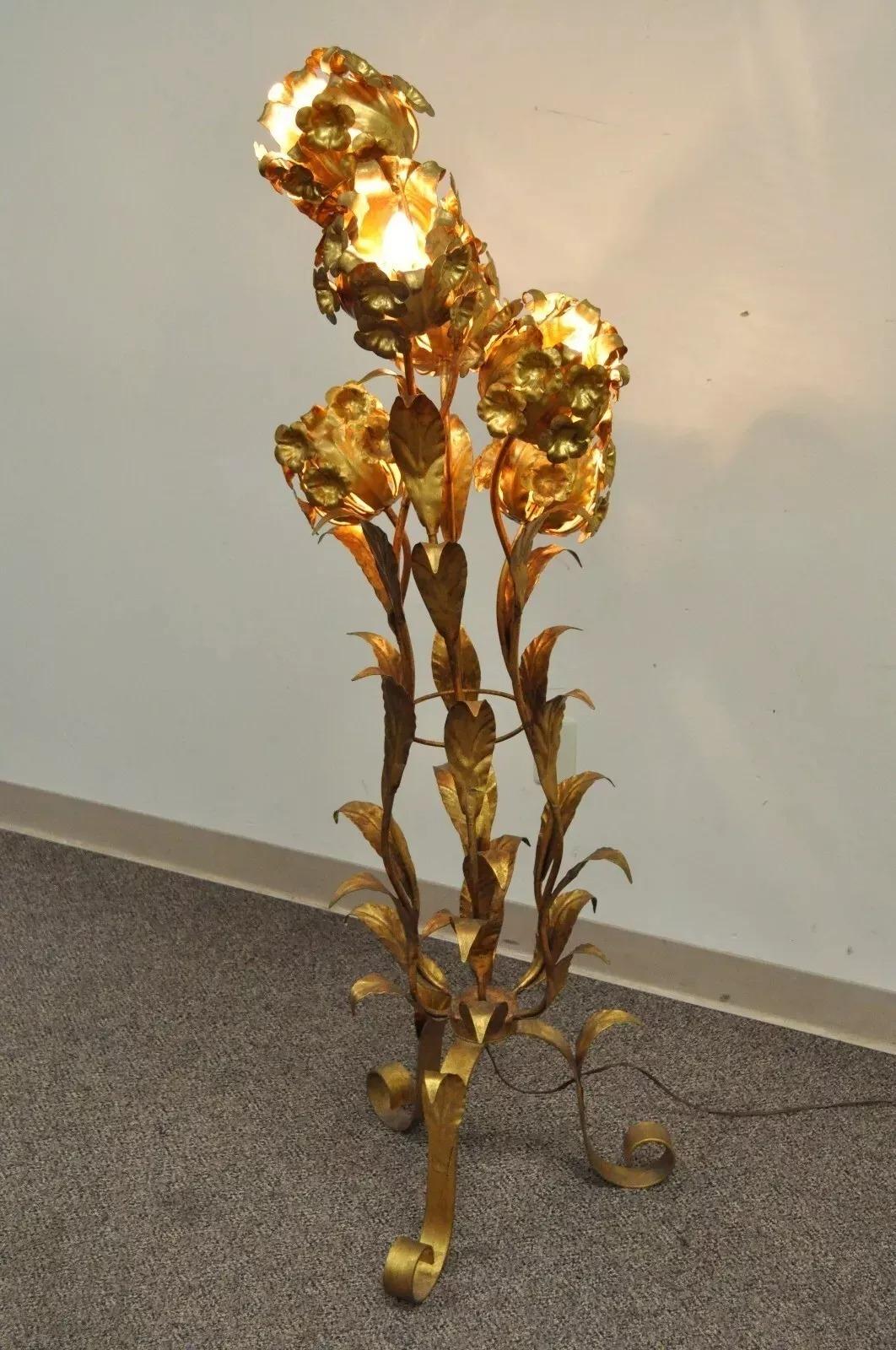 Vintage Italian Hollywood Regency Gold Gilt Floral Tole Metal 6 Light Floor Lamp 4
