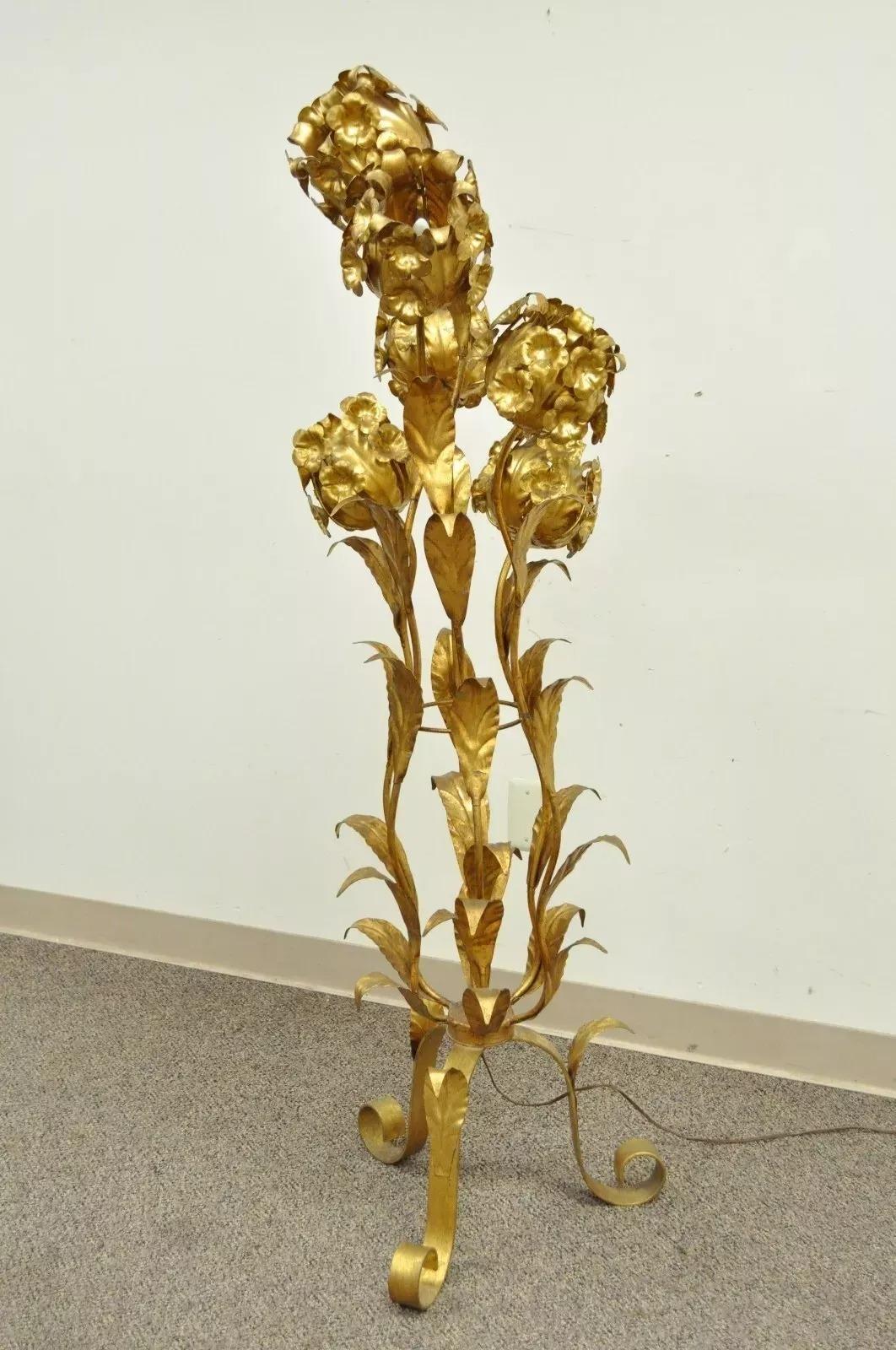 Unknown Vintage Italian Hollywood Regency Gold Gilt Floral Tole Metal 6 Light Floor Lamp