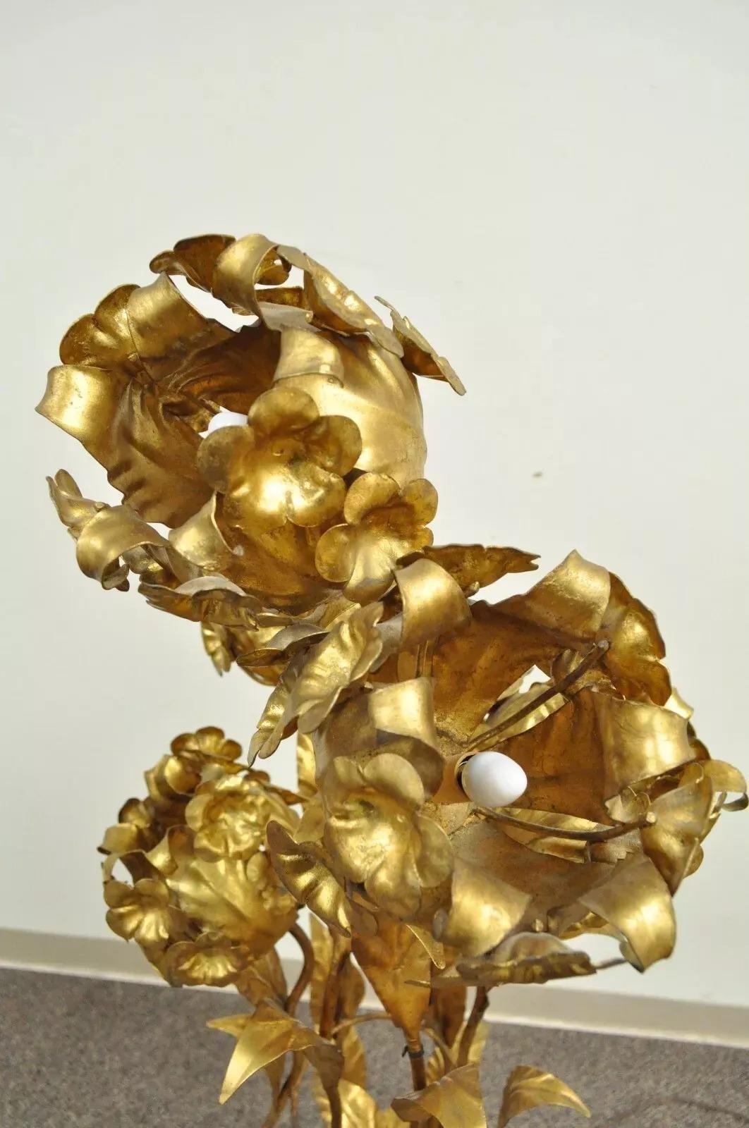 20th Century Vintage Italian Hollywood Regency Gold Gilt Floral Tole Metal 6 Light Floor Lamp